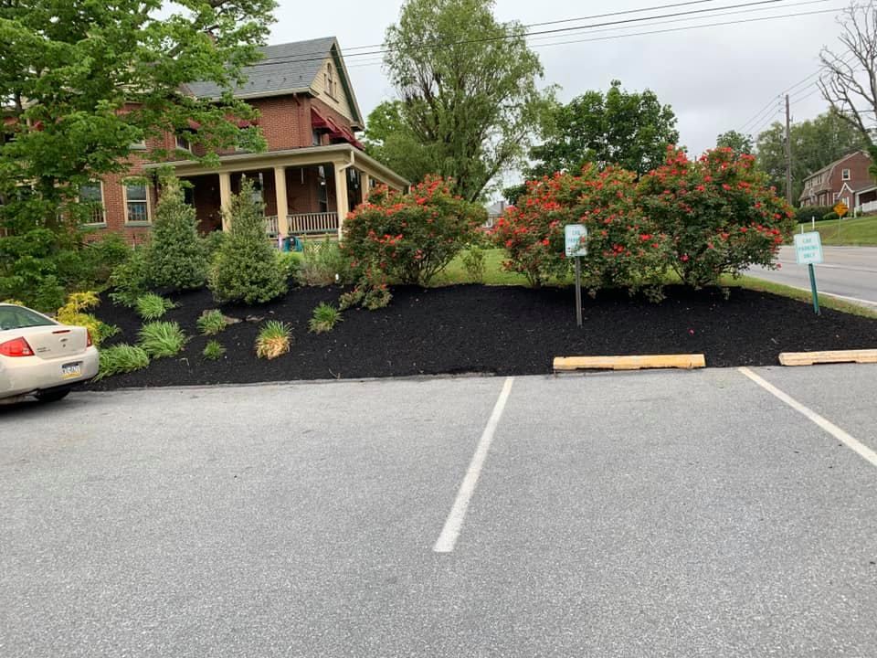 Parking lot with a landscaped bed. Red flowering bushes and trees in front of a building.
