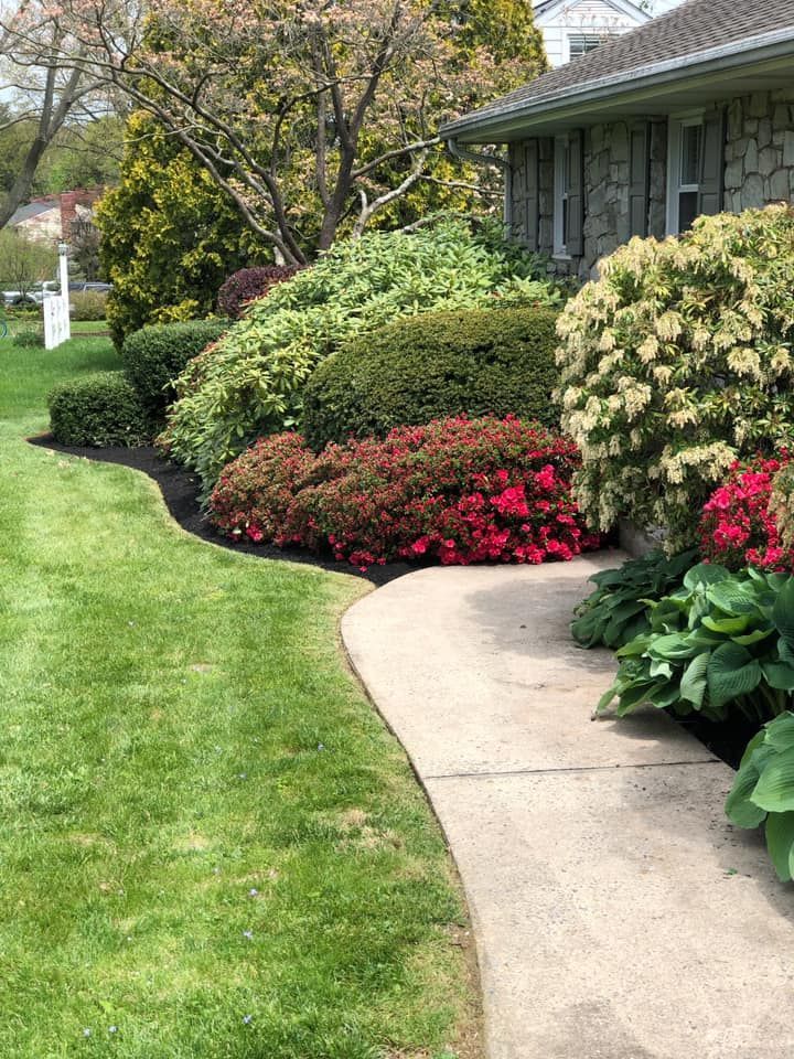 Curving concrete walkway leads to a stone house with vibrant, lush landscaping and a green lawn.