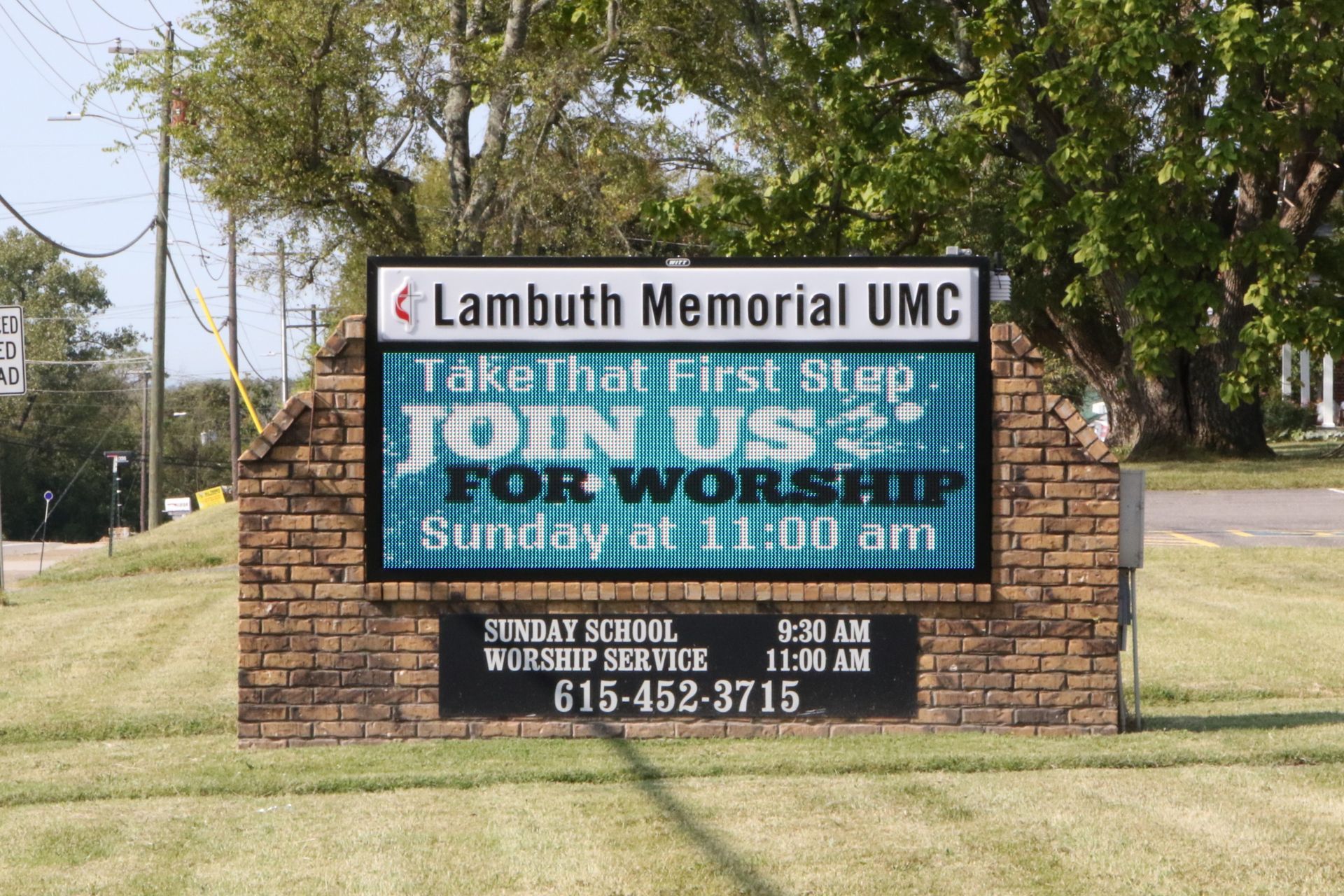 Lambeth memorial umc sign that says join us for worship