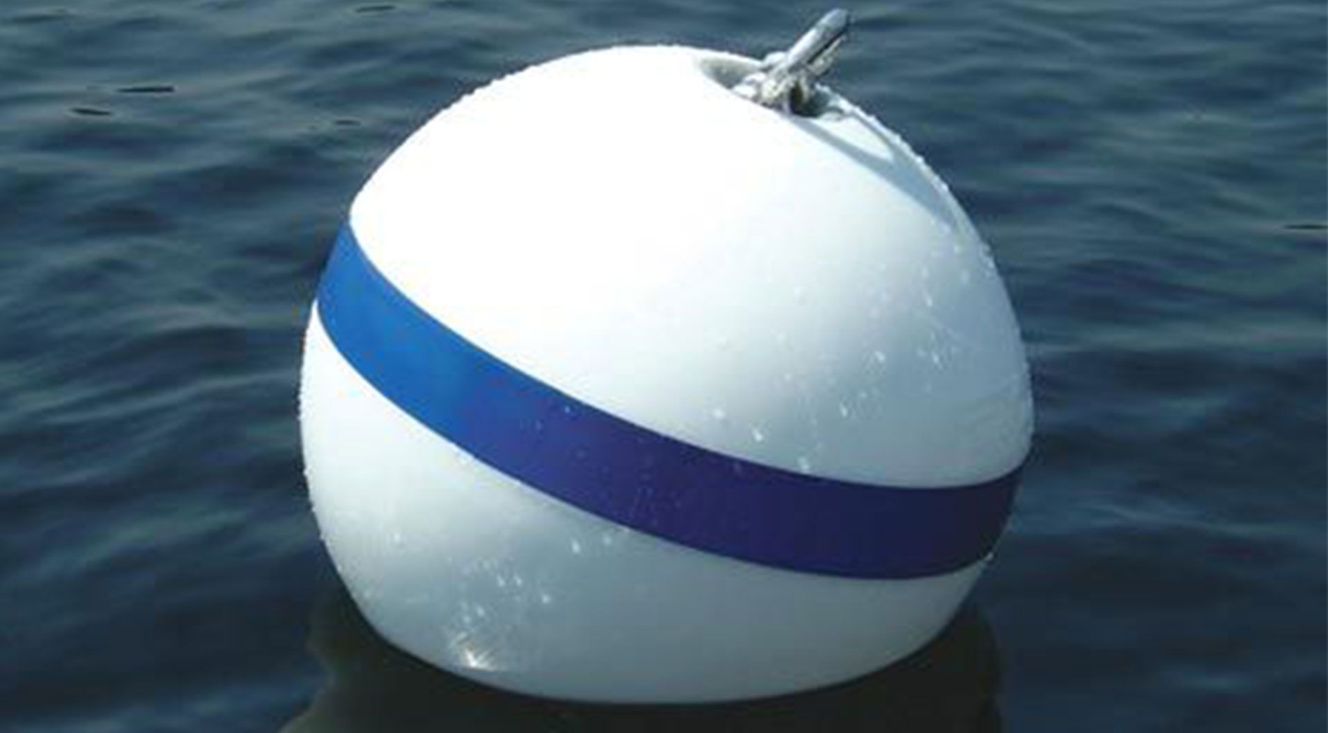 A white buoy with a blue stripe on it is in the water.