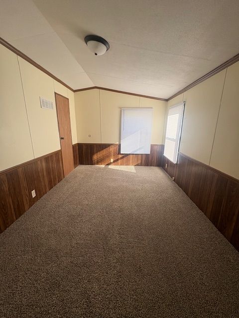 Empty room with brown carpet, wood paneling, door, and windows.