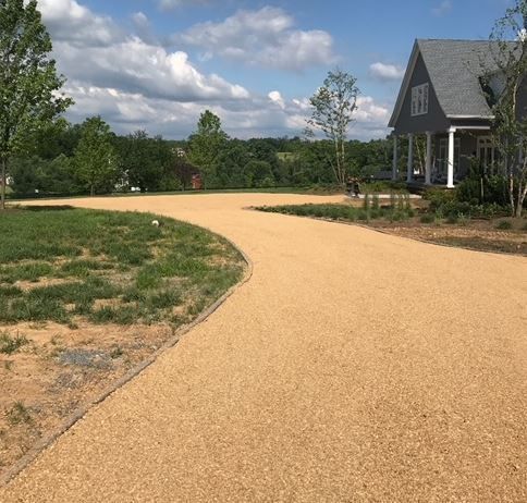 A gravel driveway with a house in the background