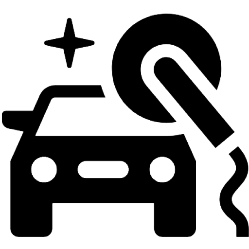 Black icon of a car being cleaned with a hose, with a sparkle above it