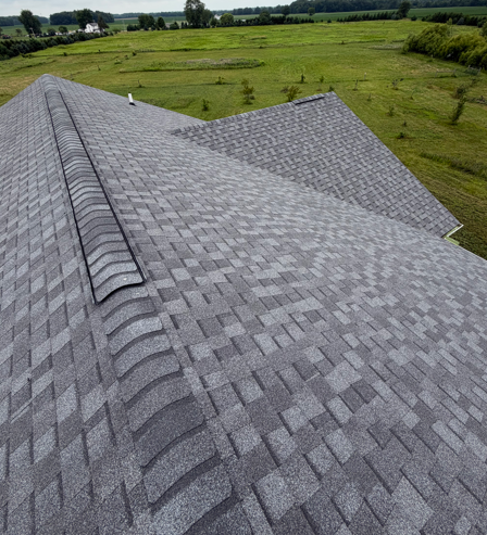 Gray shingled roof overlooking green fields under a cloudy sky