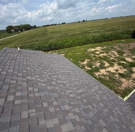 Roof shingles in foreground overlooking a grassy field under a cloudy sky