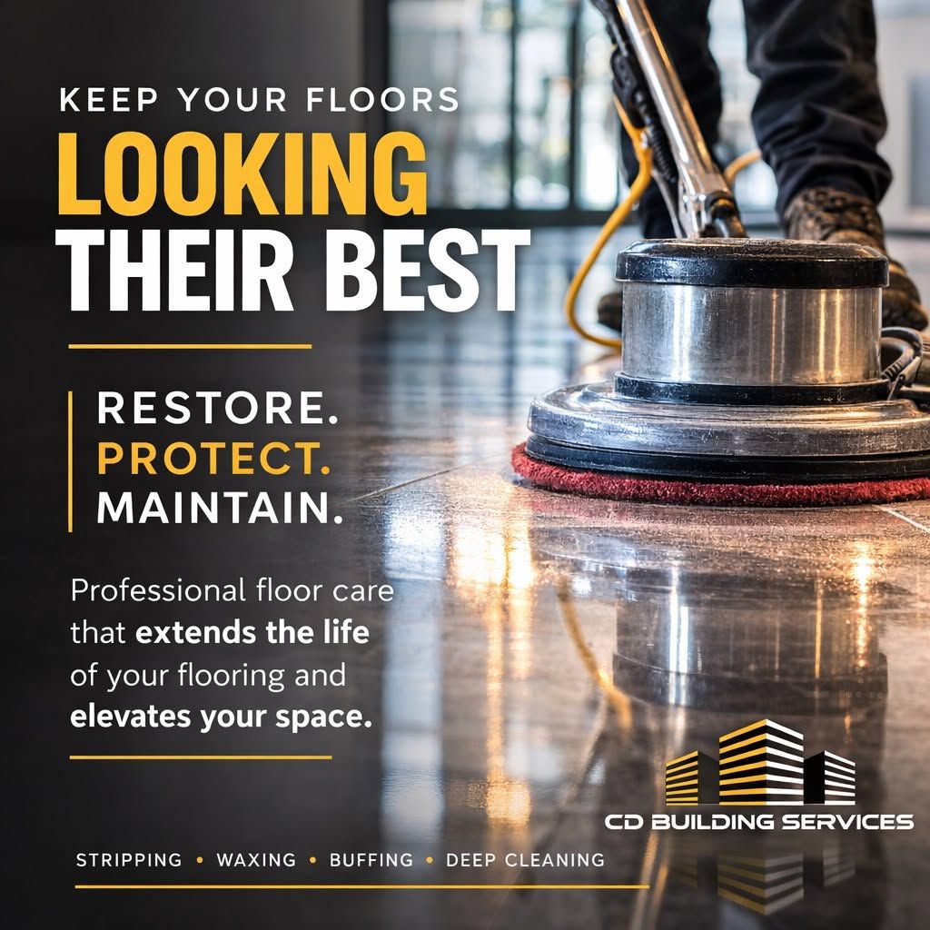 Floor polishing ad with buffer machine on glossy wood floor: “Keep your floors looking their best.”
