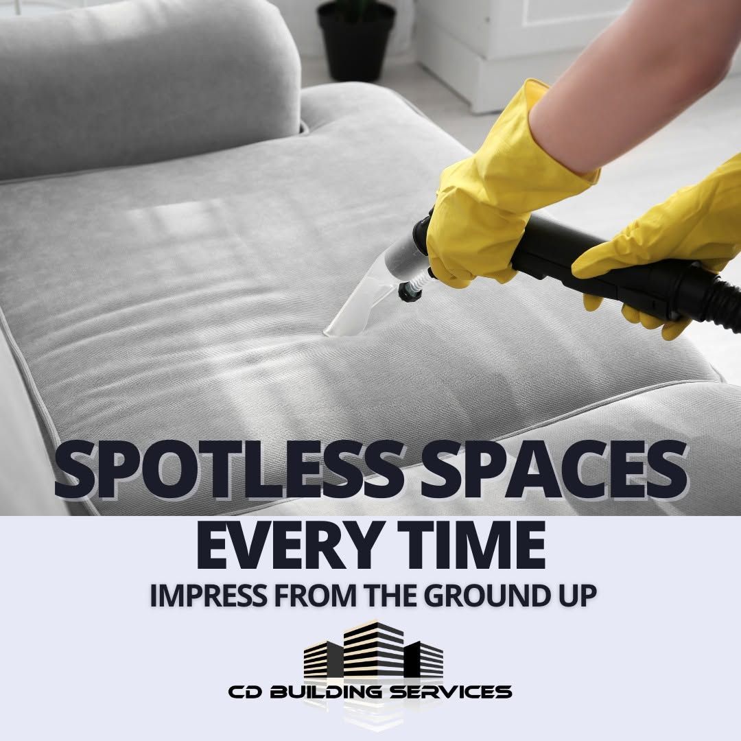 Person steam-cleans a gray couch; ad text reads “SPOTLESS SPACES EVERY TIME.”