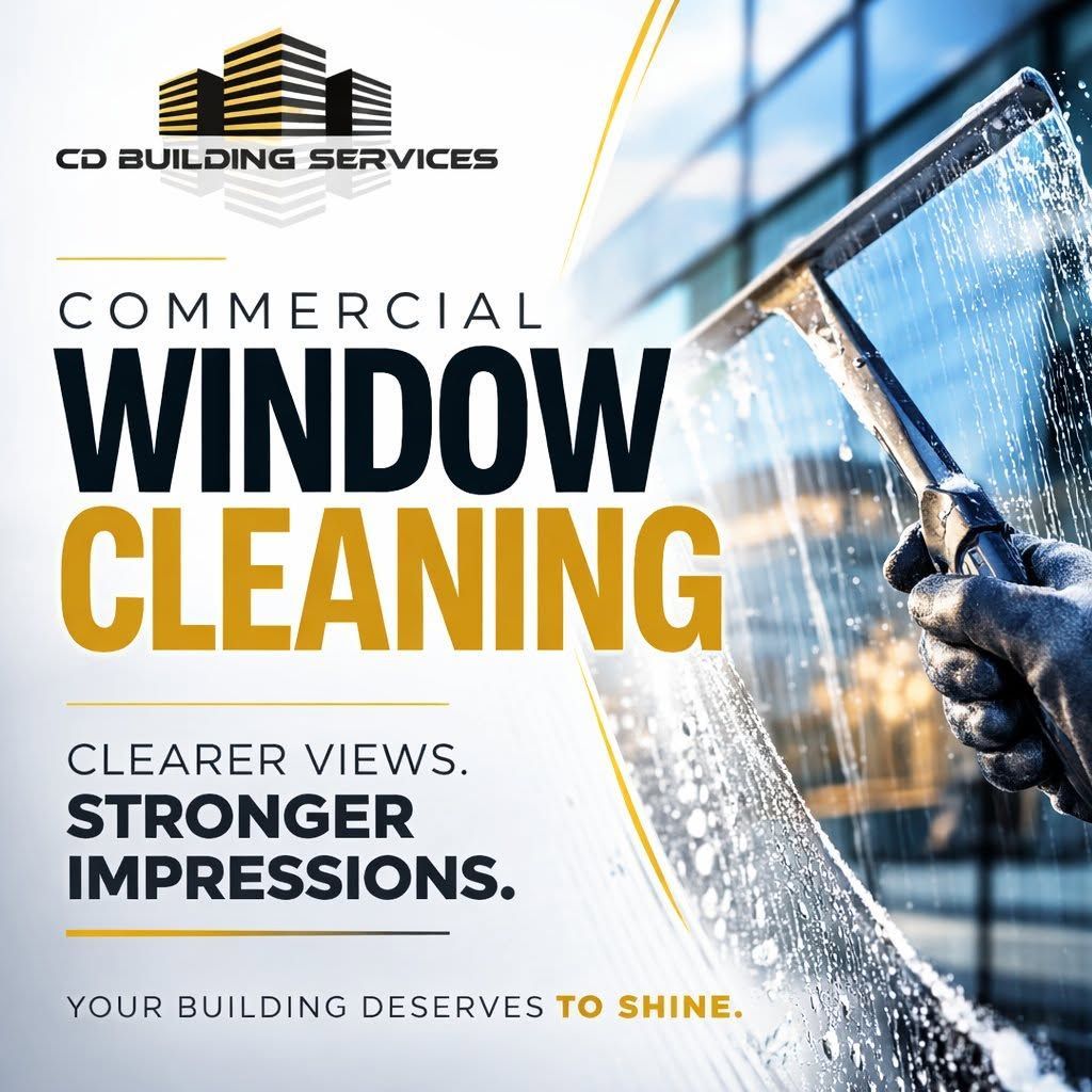 Commercial window cleaning ad with squeegee and bold white and gold text about clearer views.