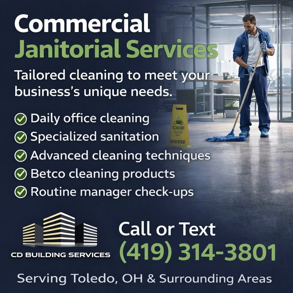 Commercial janitorial services ad with cleaner, checklist, and call/text phone number in blue and green.