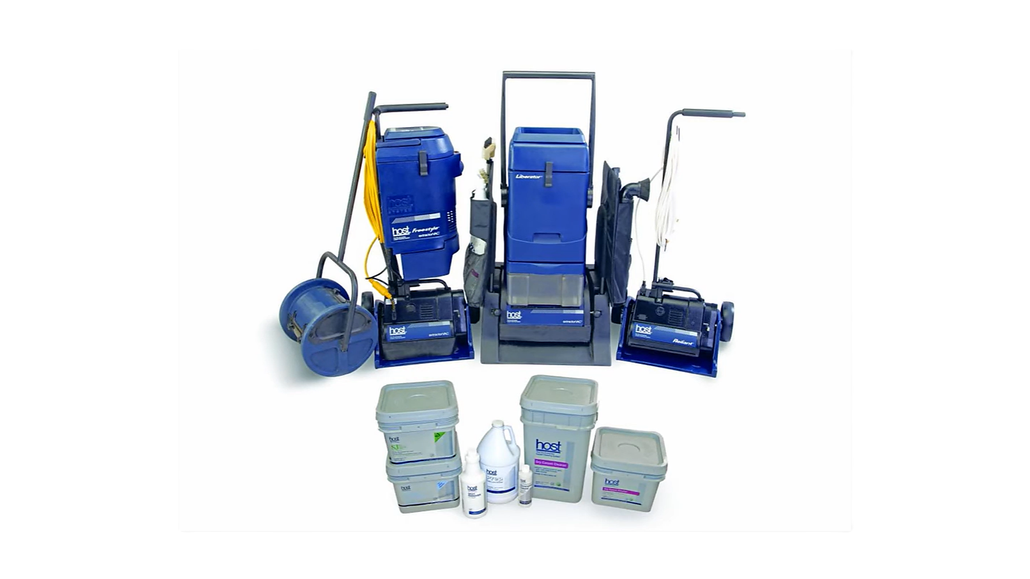 Blue janitorial cleaning cart with mop bucket, wringer, vacuum, and cleaning supply bottles on white background