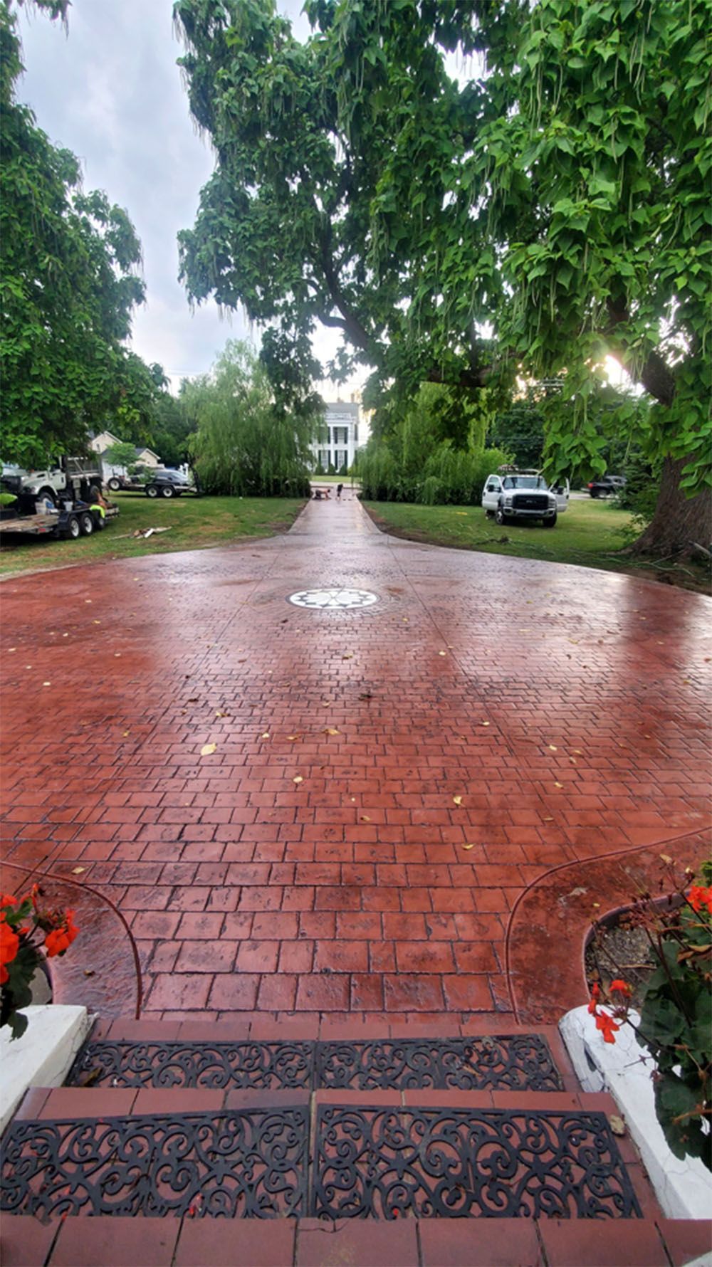 Rainy brick driveway leading to a white house, lined with trees and parked cars