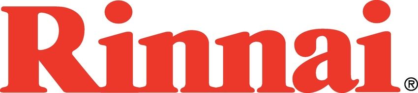 A red logo for a company called rinnai on a white background.