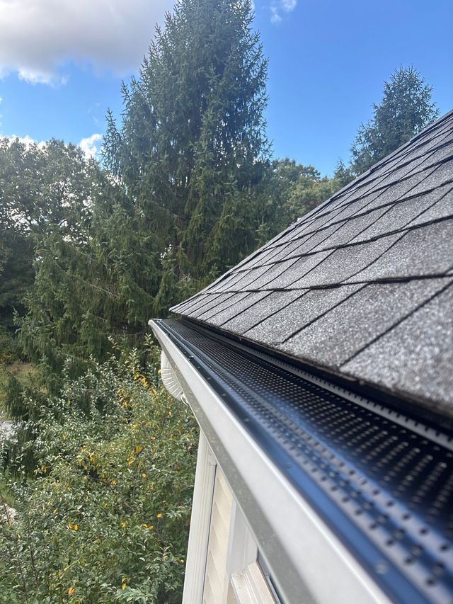 Roof edge with dark shingles and a gutter above trees and blue sky