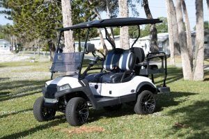White and black golf cart with black wheels and a sunshade in a grassy area with trees.