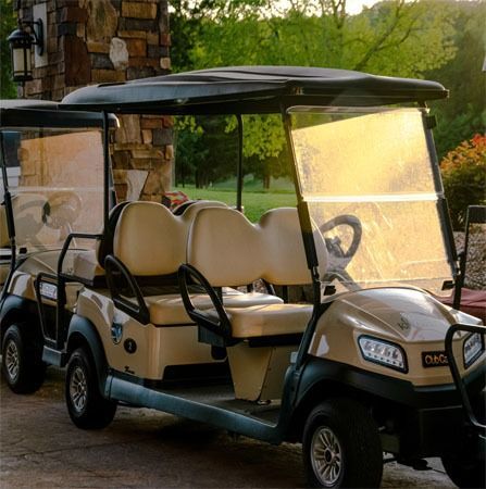 Tan golf carts parked near a stone structure, tan seats, black roof, and windshields.