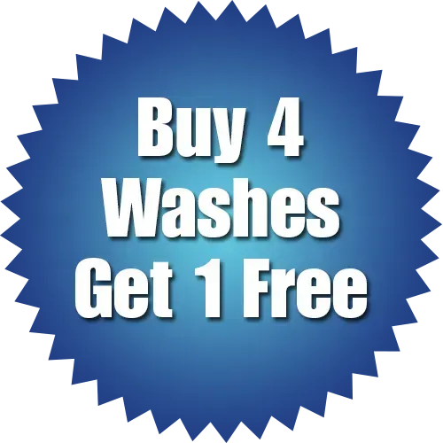 Blue starburst graphic promoting a car wash deal: Buy 4 washes, get 1 free. White text on a blue background.