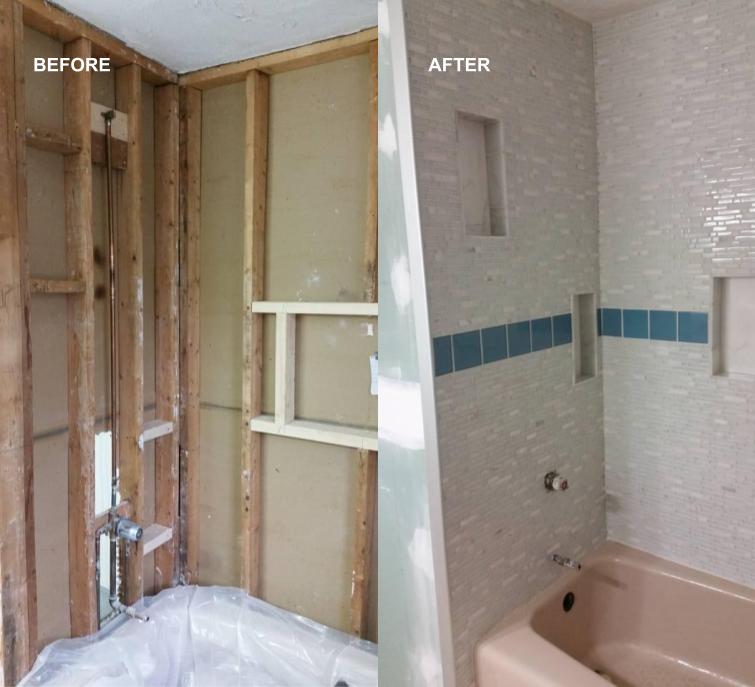 before and after bathroom wall construction