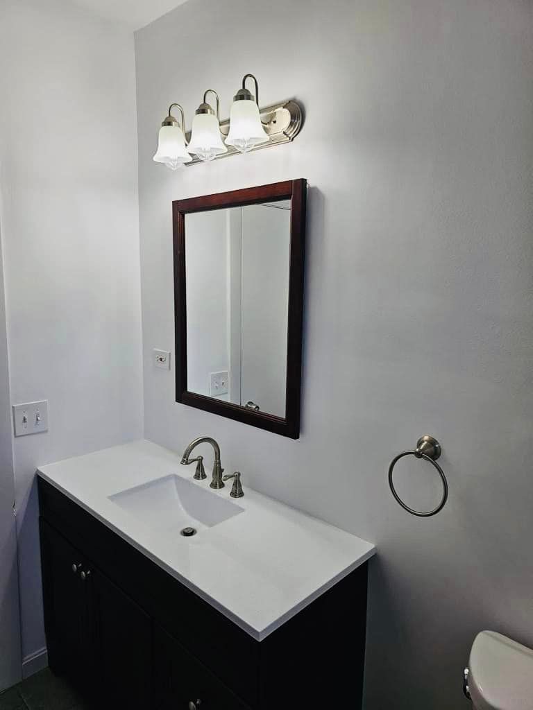 a bathroom with a sink , mirror and toilet .