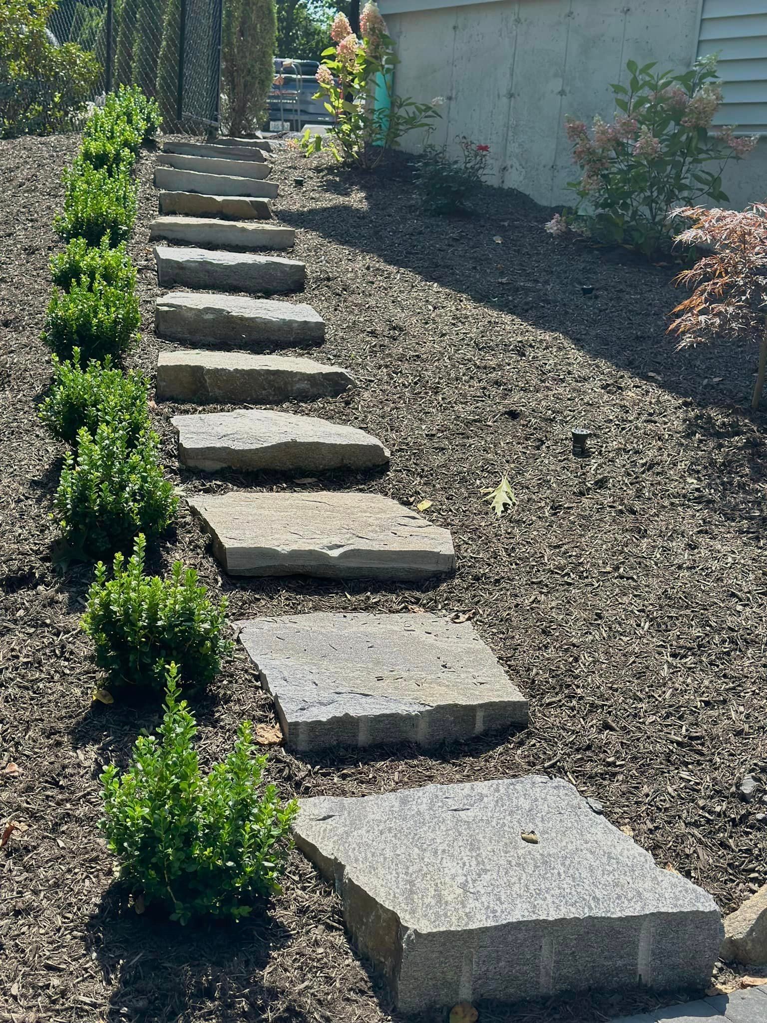 a row of stone steps leading up to a house in a garden .