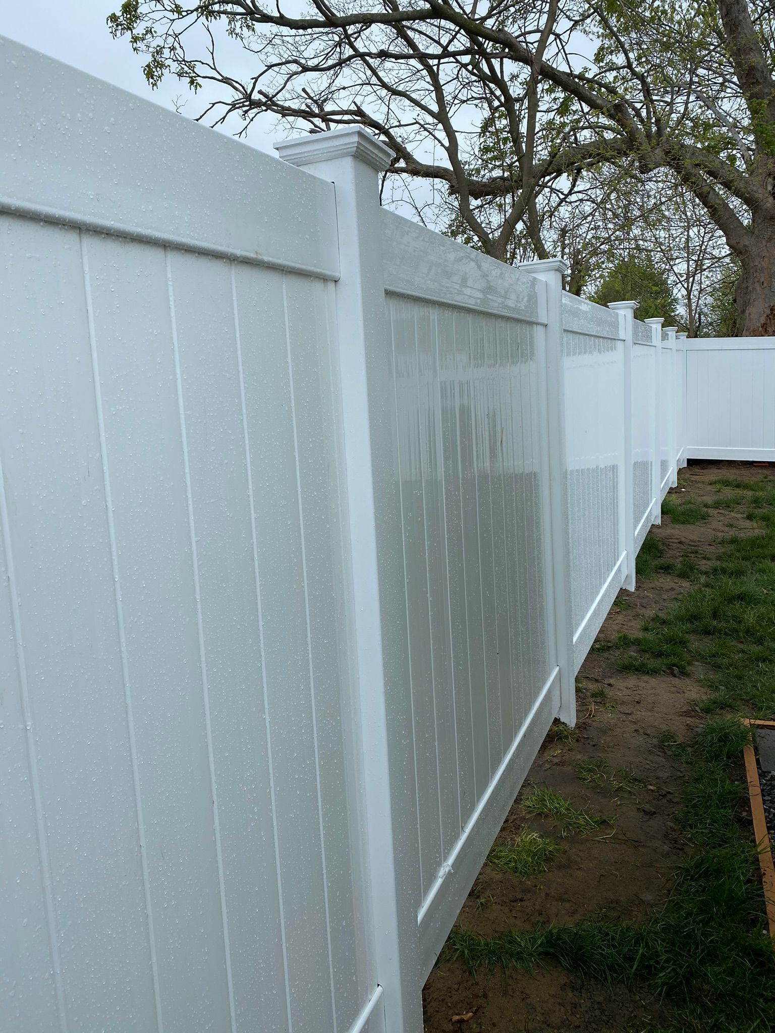 A white vinyl fence is surrounded by grass and trees.