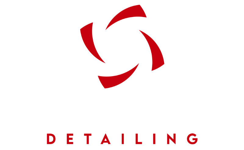 Logo for Concierge Detailing, featuring a red and grey abstract flower graphic with the company name.