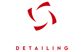 Logo for Concierge Detailing, featuring a red and grey abstract flower graphic with the company name.