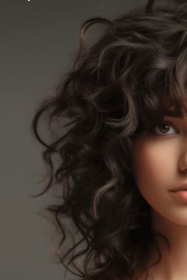 a close-up of a woman's face with curly hair