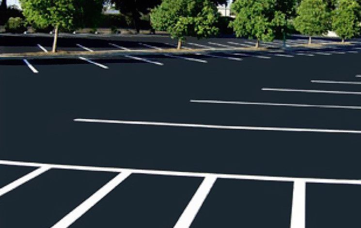 A parking lot with white lines and trees in the background