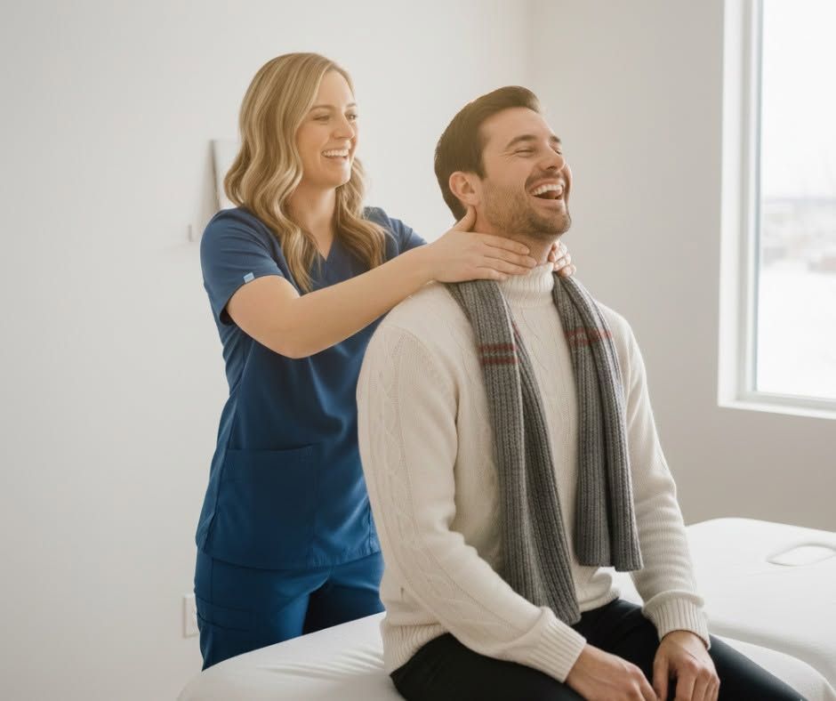 Smiling massage therapist in blue scrubs giving shoulder massage to a seated client in a bright room