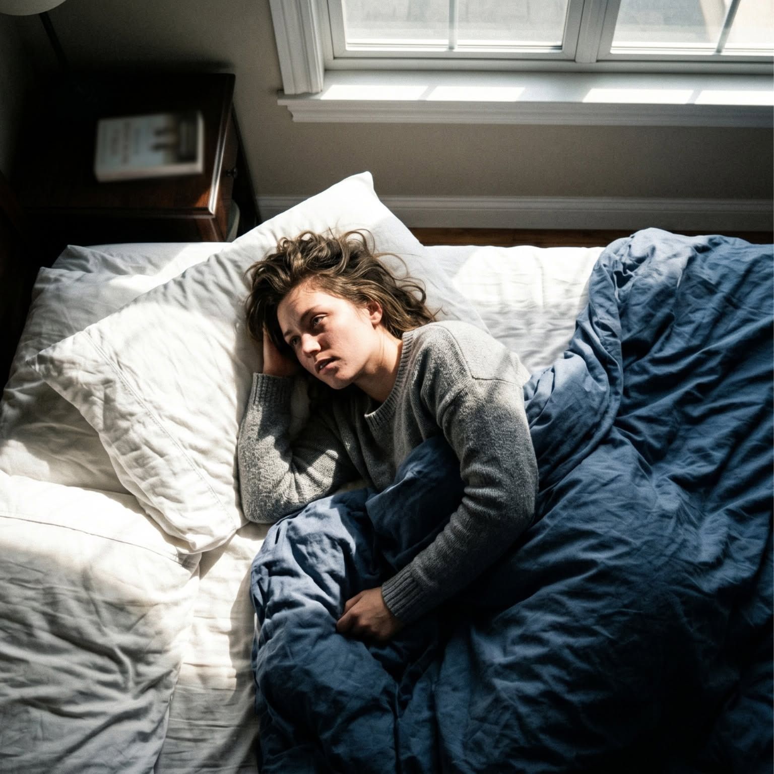 Person lying in bed under a blue blanket, looking tired beside a sunlit window.
