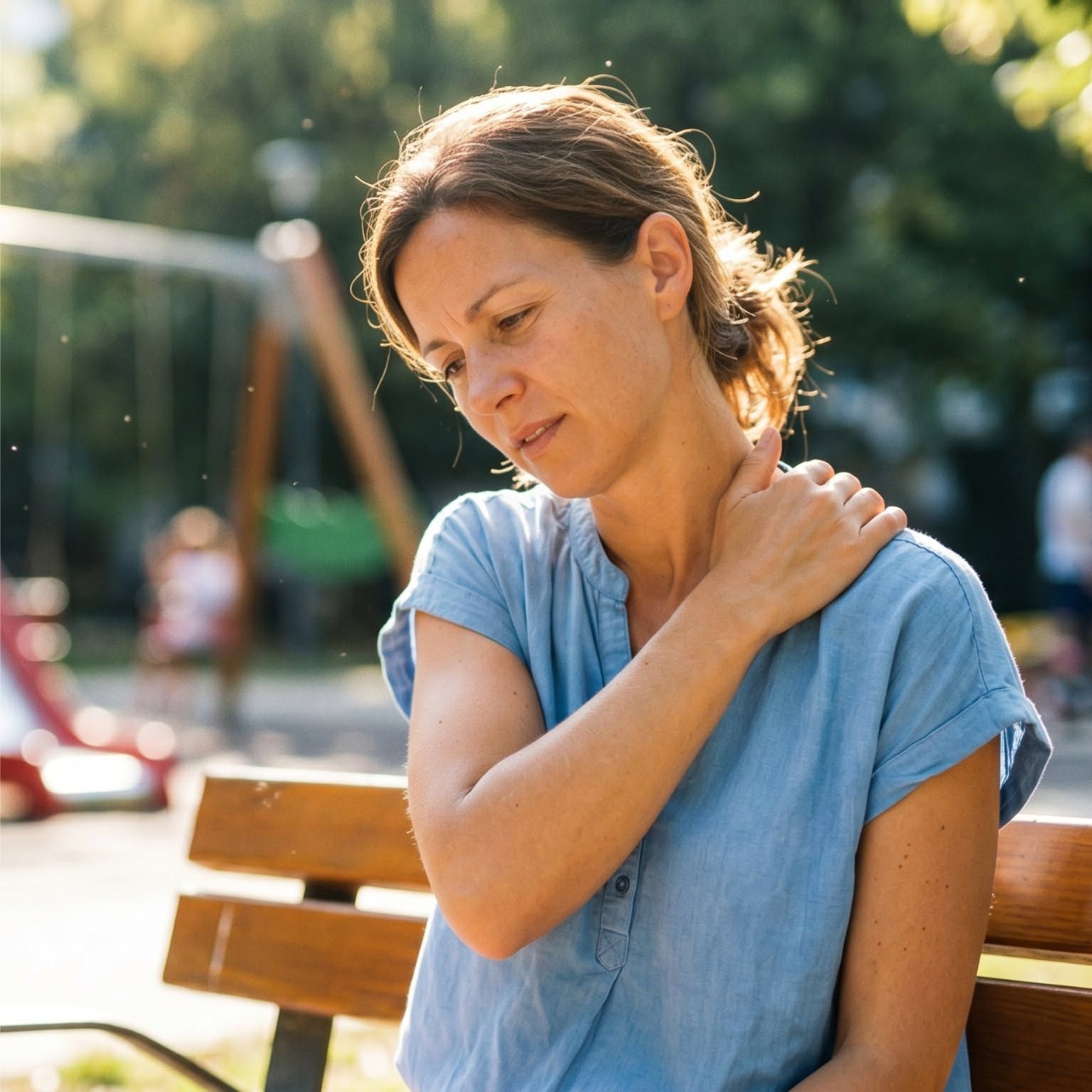 Woman in a blue shirt rubbing her shoulder on a park bench in sunlight