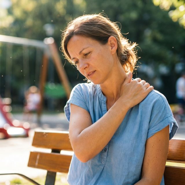 Woman in a blue shirt sitting on a park bench, holding her shoulder with a pained expression.