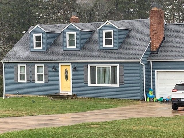 Blue house with yellow door