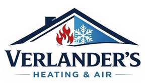 Verlander&rsquo;s Heating & Air logo with house roof, flame and snowflake icons in navy, red, and light blue