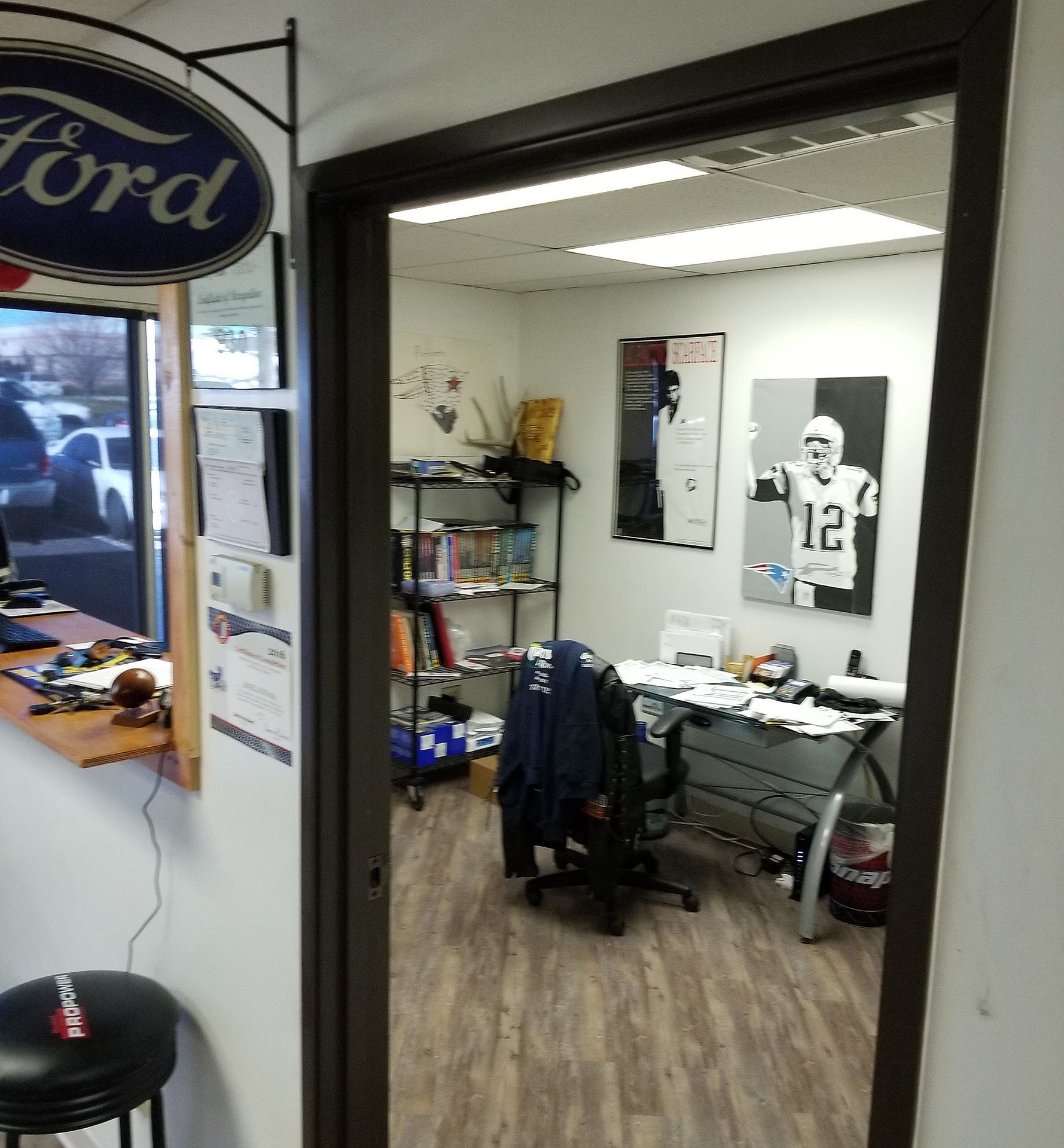 View into an office, likely at a Ford dealership.