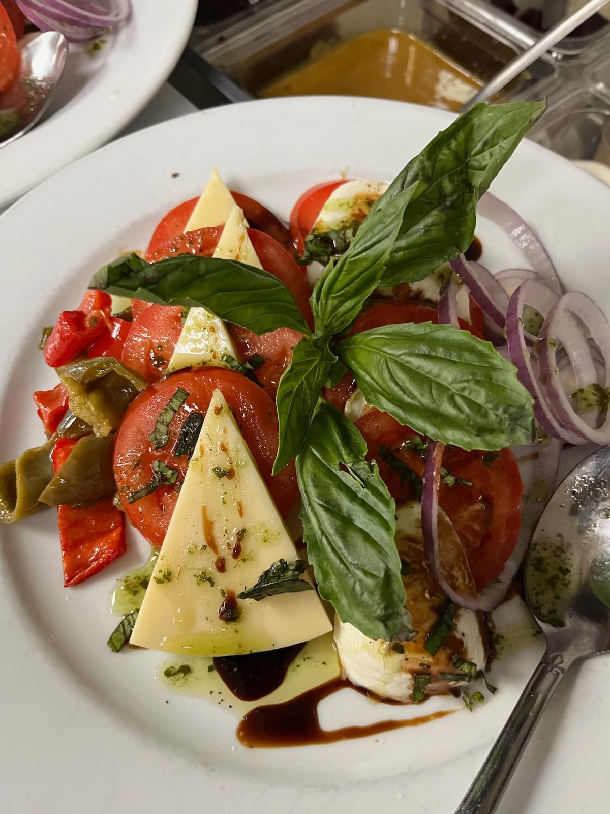 A white plate topped with tomatoes , cheese , basil and onions