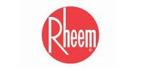 Rheem logo in white on a red circular background