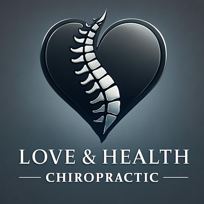 Heart-shaped logo with spine, "Love & Health Chiropractic" below. Dark gray and silver tones.