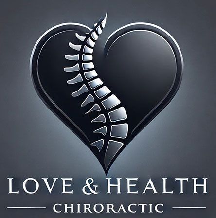 Heart-shaped logo with spine, "Love & Health Chiropractic" below. Dark gray and silver tones.