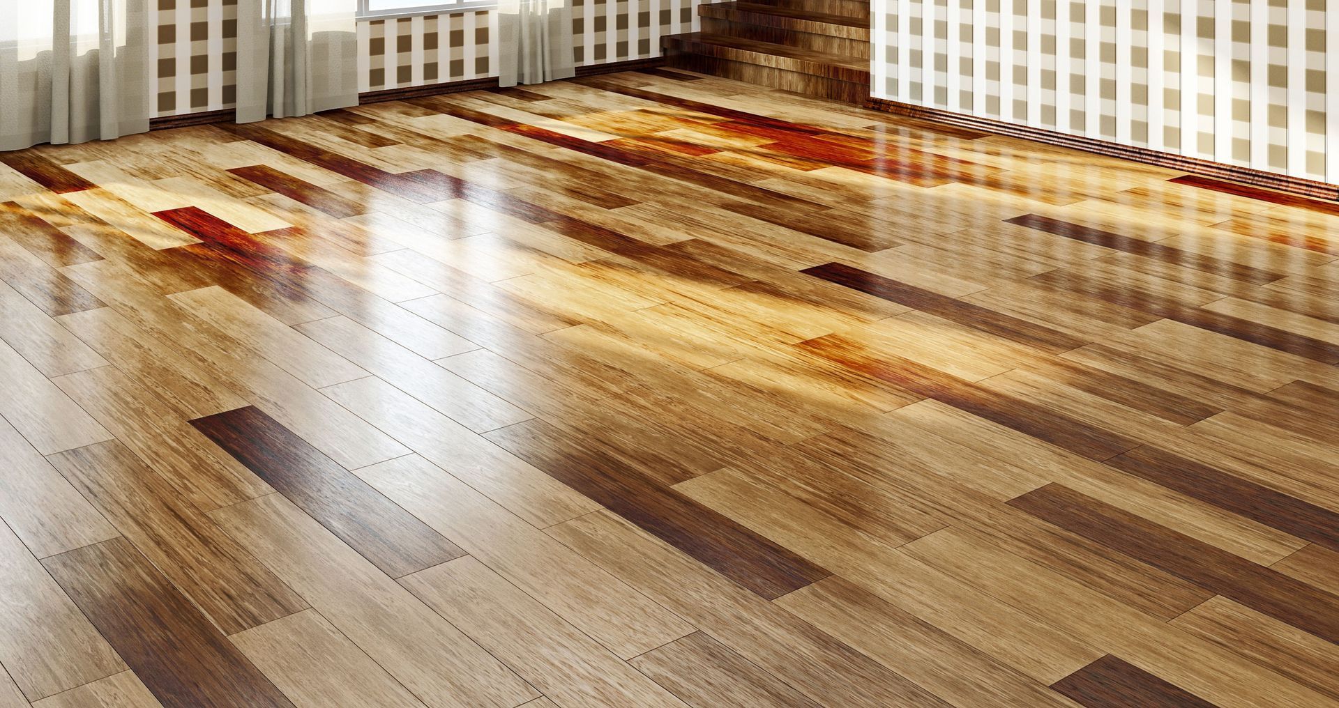 Sunlit hardwood floor with glossy striped wood planks in a room near glass doors,