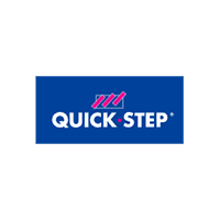 QUICK-STEP logo on a blue rectangle with pink stripes above white text.