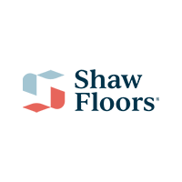 Shaw Floors logo with blue text and red and light blue geometric icon.