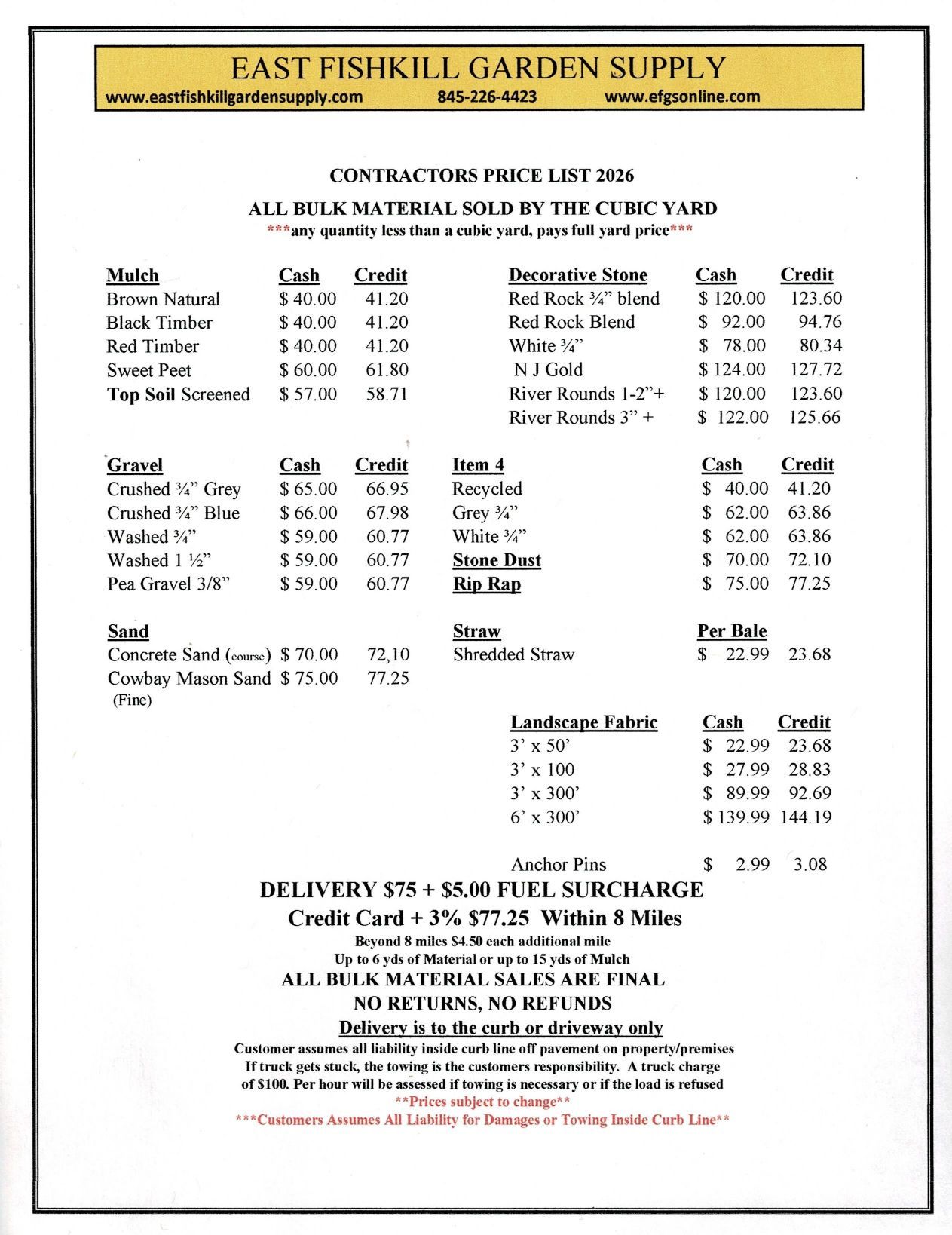 Cash Discounted Contractors Price List 2026