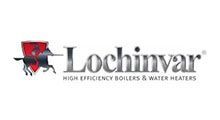 Lochinvar logo: Knight on a horse inside a red shield, beside company name and boiler/water heater text.
