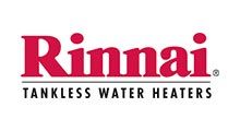 Rinnai logo with red text over a black line, 