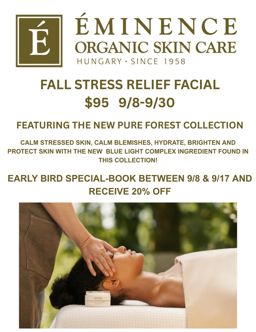 Advertisement for Eminence Organic Skin Care facial. Woman receiving facial; text promoting the