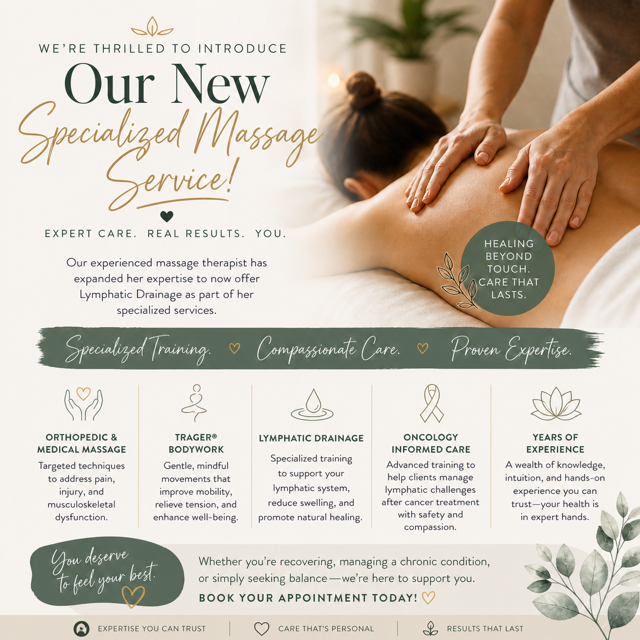 Spa flyer for a specialized massage service, with hands massaging a back and green accents on a beige background.