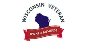 A wisconsin veteran owned business logo with a map of wisconsin