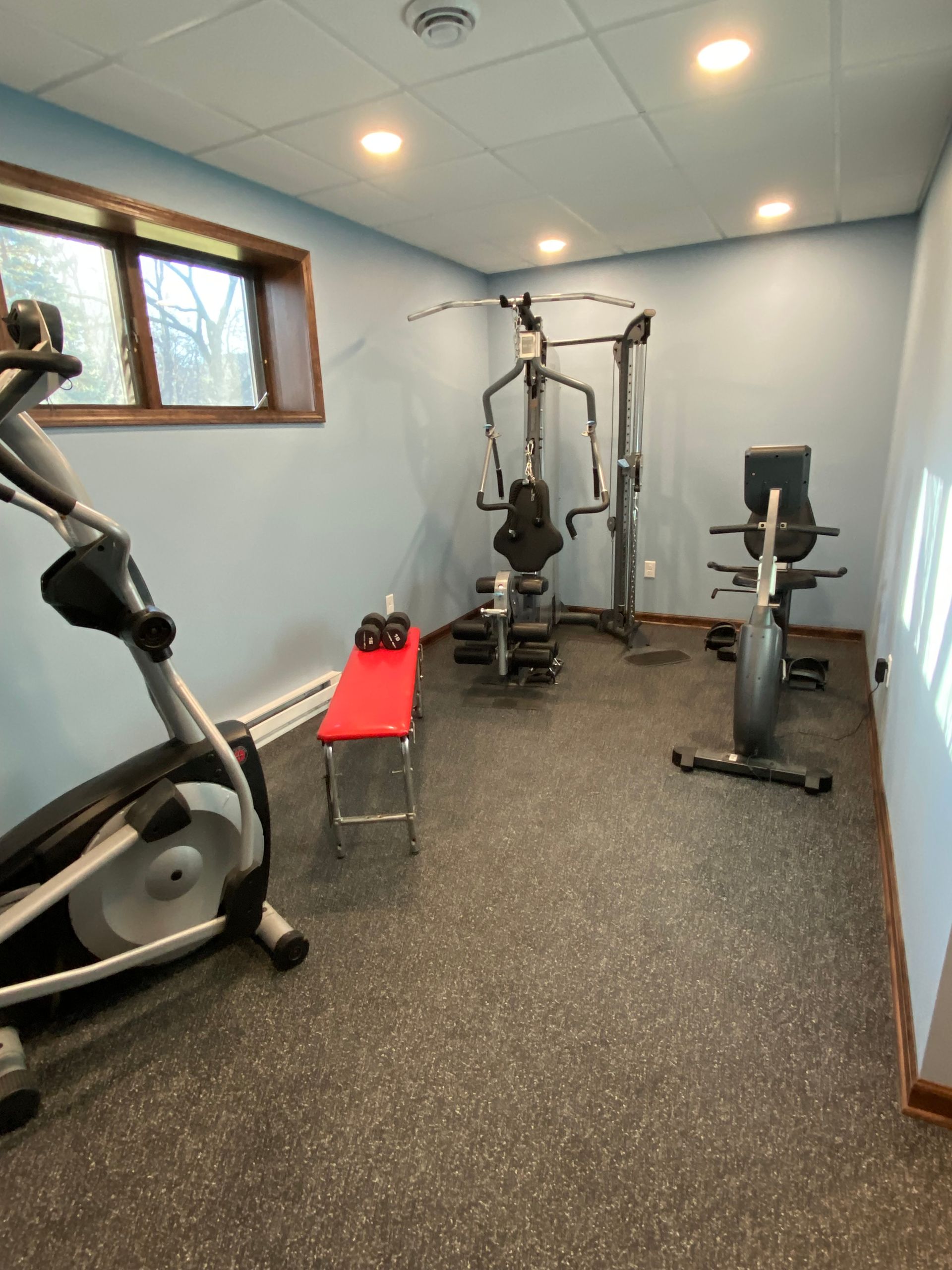 A gym with a bicycle , bench , dumbbells and other exercise equipment.
