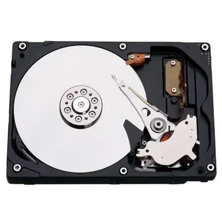Internal view of a hard disk drive with a shiny spinning platter and read/write arm.